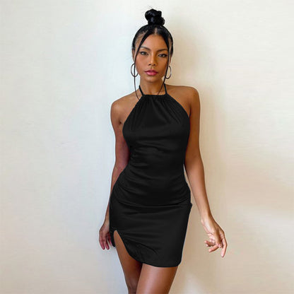 Vestido sexy de primavera para mujer, de satén, color liso, ajustado, con cuello halter