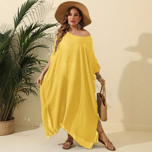 Women Clothes Solid Color Loose Blouse Beach Vacation Split Mop Dress