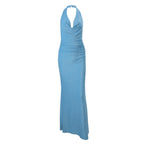 Robe longue sexy d'automne pour femme, dos nu, col licou, couleur unie, taille haute, coupe flatteuse.