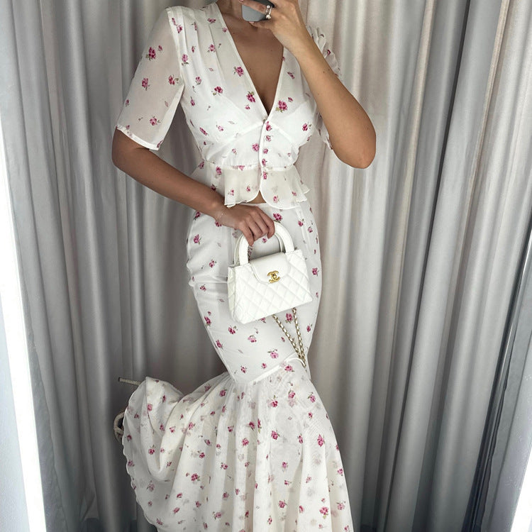 V neck Short Sleeve Cardigan Top Hip Skirt Two Piece Set Summer Printed Skirt Set for Women Kigali