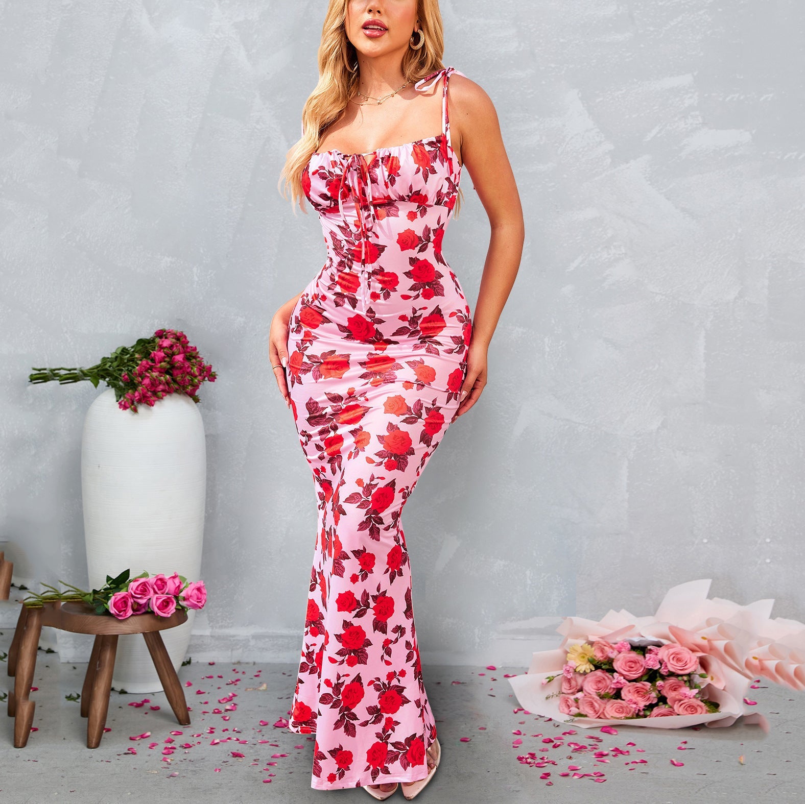 Milk Silk Dress Sexy Printed Lace up Backless Skinny Sheath Suspender Fishtail Drress SUNSHINE