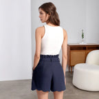 Women Clothing Office High Waist Shorts Women Outer Wear High Waist Wavy Edge Metal Buckle Bud Shaped Shorts Rogan