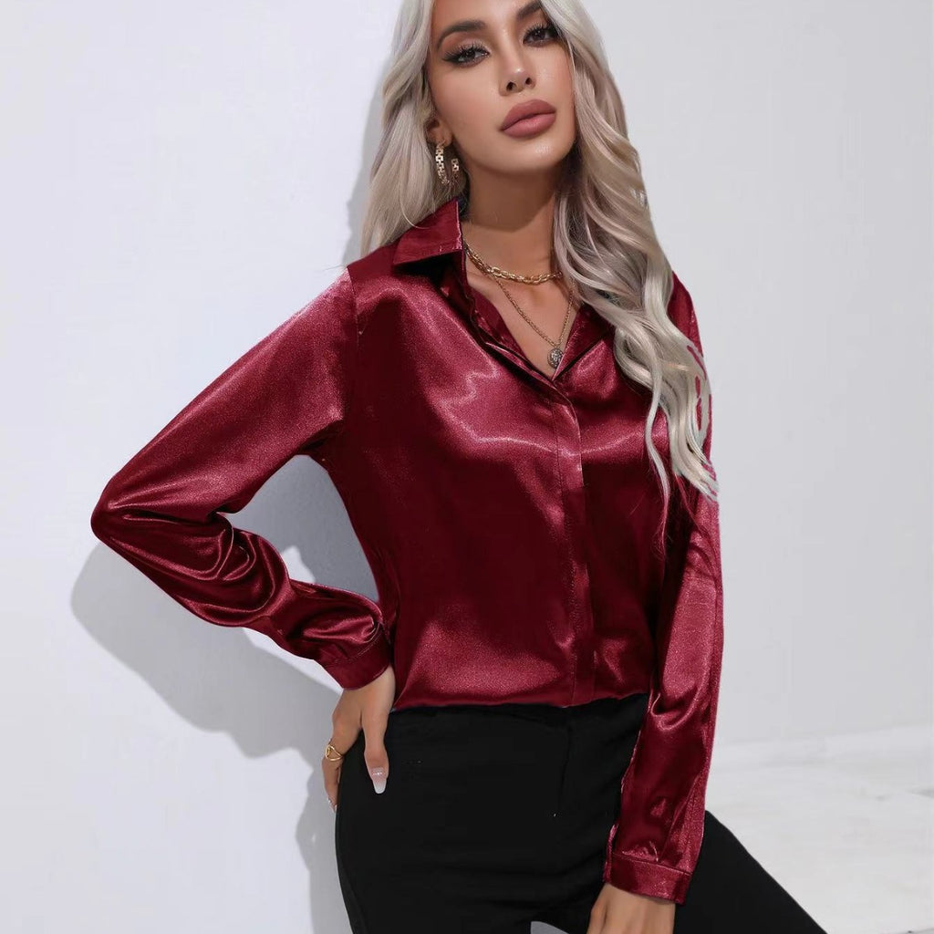 Chemise satinée à un bouton, manches longues, style bureau, coupe ample, idéale pour le printemps et l'été. Vêtements femme.