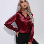 Chemise satinée à un bouton, manches longues, style bureau, coupe ample, idéale pour le printemps et l'été. Vêtements femme.