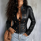 Stand Collar Faux Leather Coat Napoleon Double Breasted Slim Fitting Biker Faux Leather Jacket Short Venly