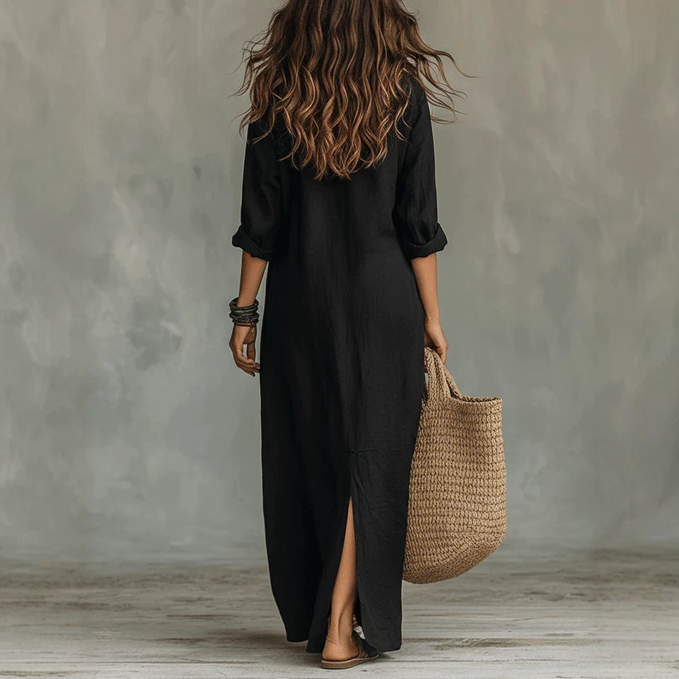 Women Elegant Button Collared Slit Elegant Dress Venly