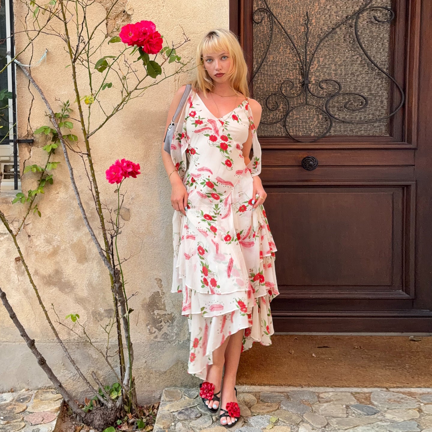 French Elegant Romantic Floral Print Lace up Dress Summer Vacation Irregular Asymmetric Ruffled Dress LingSharp