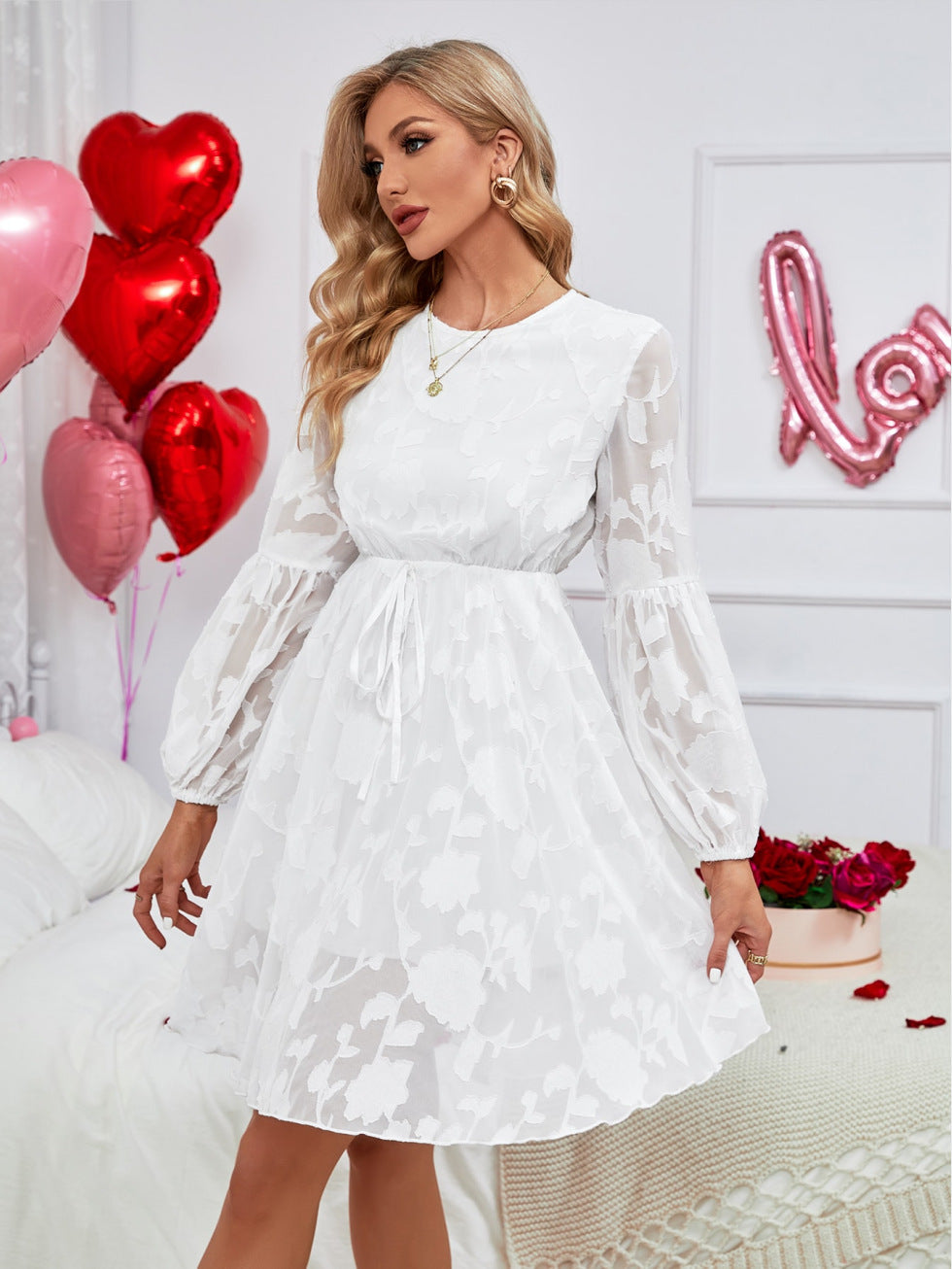 Women Spring Autumn Summer Elegant Floral Dress Long Sleeve Dress JWDZC