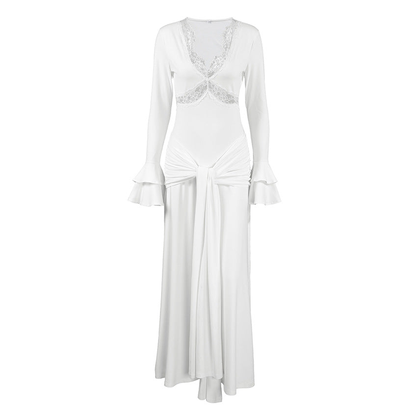 Robe longue élégante pour femme, coupe ajustée, style printanier, ornée de dentelle sexy.