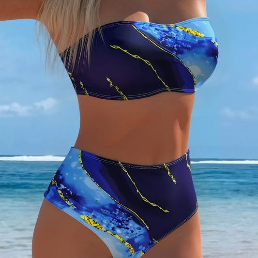 Bikini Detachable Shoulder Strap Gradient Printing High Waist Sexy Split Bikini Swimsuit Women