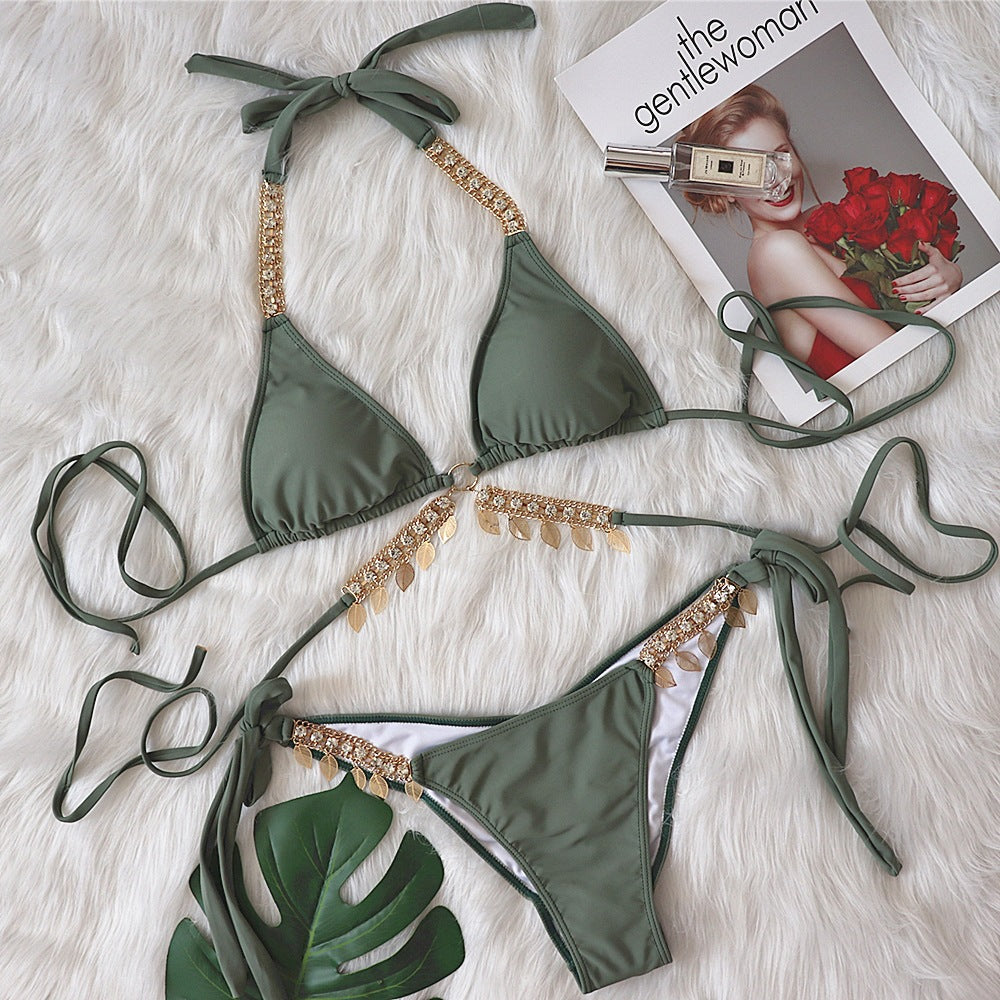 Traje de baño de bikini para mujer, de malla roja, sexy, con tirantes de cadena, push up y abertura.