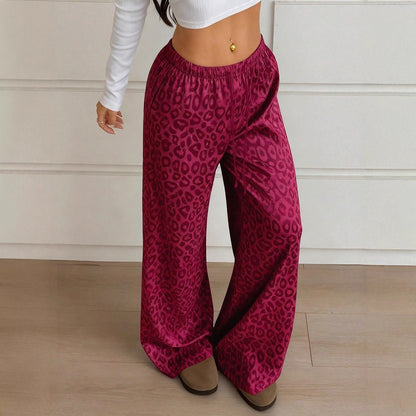 Women Clothing Autumn Satin Casual Pants Drawstring Leopard Print Mop Wide Leg Pants Long Pants