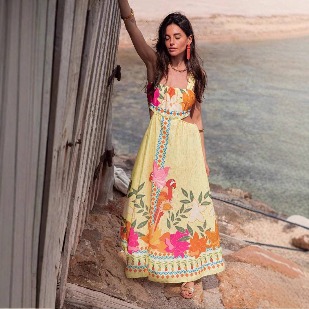 Summer Positioning Printing Cropped Outfit Lace up Large Swing Dress for Women Dress Zemy