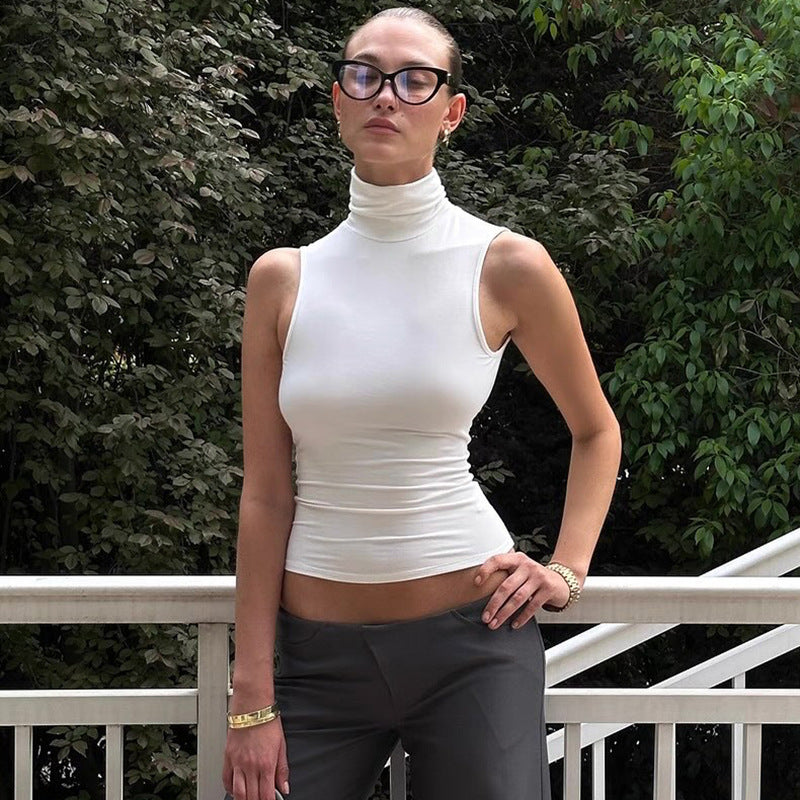 Ropa de mujer Verano Elegante Sin Mangas Color Sólido Cuello Alto Sin Espalda Top