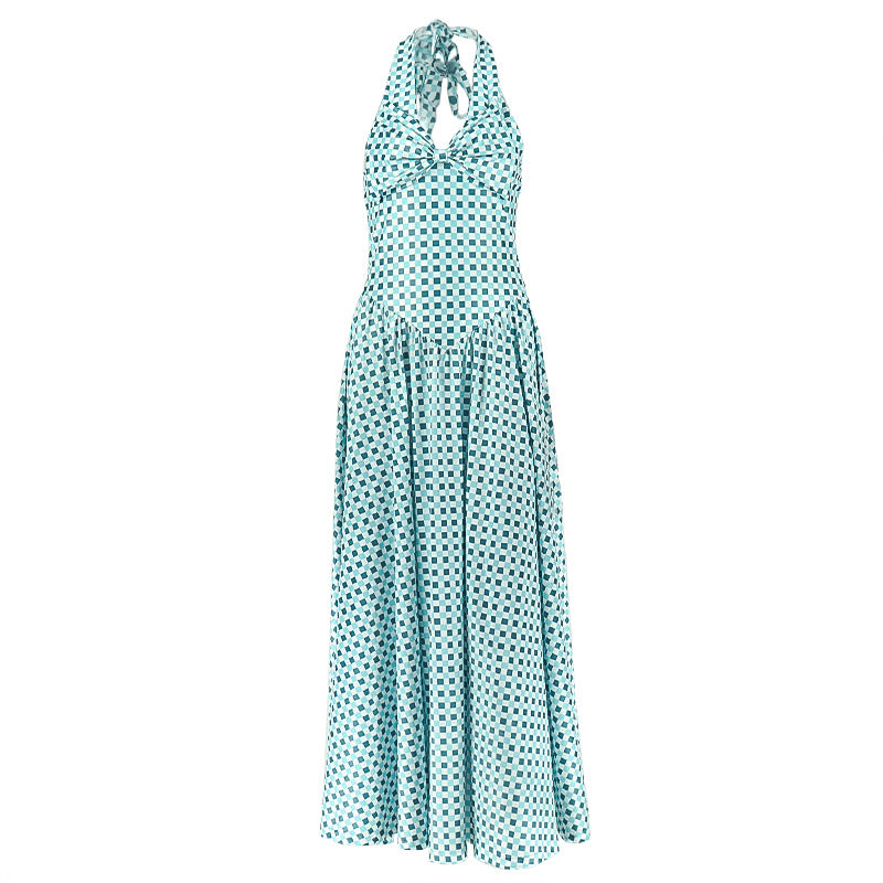 Women Clothing Elegant Wild Date Color Matching A line Dress V neck Halter Sleeveless Plaid Dress Kinci