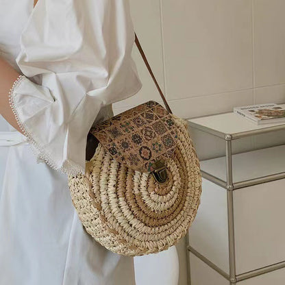 Bolso bandolera de paja redondo directo, bolso de hombro de paja, bolso tejido, bolso de playa de vacaciones, bolso de mujer 