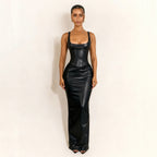 Robe fourreau sexy fendue en cuir, col carré, décolleté plongeant et cordon de serrage pour femme
