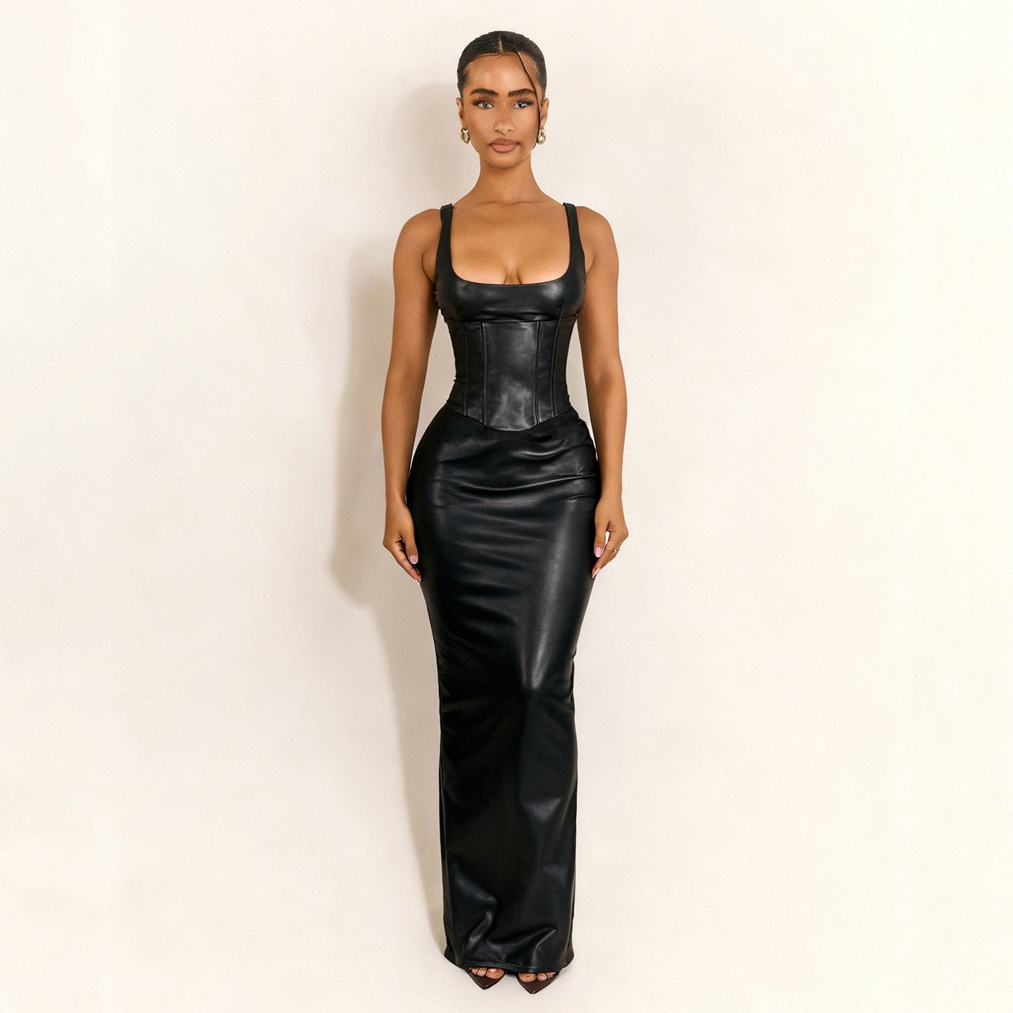 Robe fourreau sexy fendue en cuir, col carré, décolleté plongeant et cordon de serrage pour femme