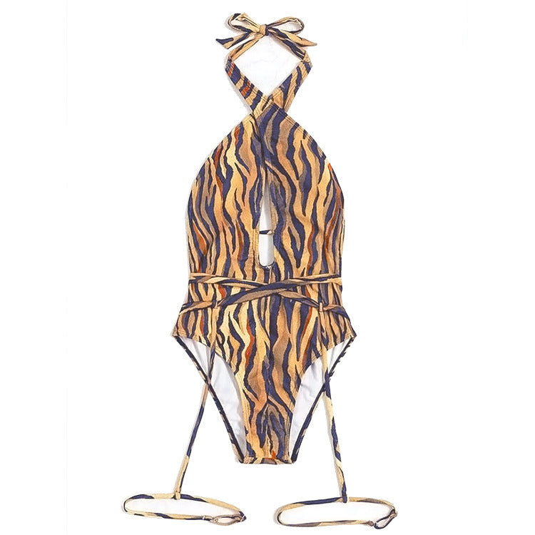 Swimwear Women Bandage Leg Travel Swimsuit Sexy Tiger Stripe Pattern Bikini FallowDeer