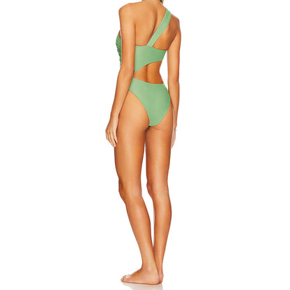 Solid Color One Piece Swimsuit Foreign Single Women Swimsuit Solid Color Diagonal Shoulder Hollow Out Cutout Siamese Bikini