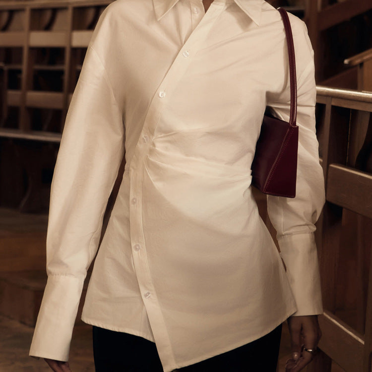 Chemise en coton blanc à col et manches longues pour femme, cardigan asymétrique irrégulier à motif croisé