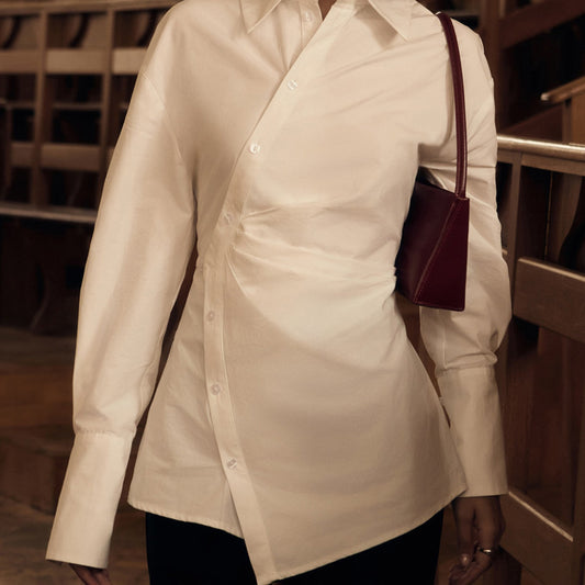 Camisa de algodón blanca con cuello y manga larga para mujer, diseño cruzado, cárdigan asimétrico irregular