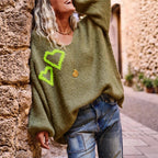 Autumn Winter Love Pattern V neck Sweater Women Casual Loose Long Sleeve Pullover Sweater
