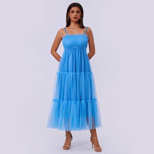 Women Clothing Sling Pleated Mesh Stitching Fluffy Short Sleeve Dress