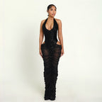 Vestido de otoño-invierno para mujer, de moda, con costuras sequ, sexy, de malla transparente y volantes en la cadera.