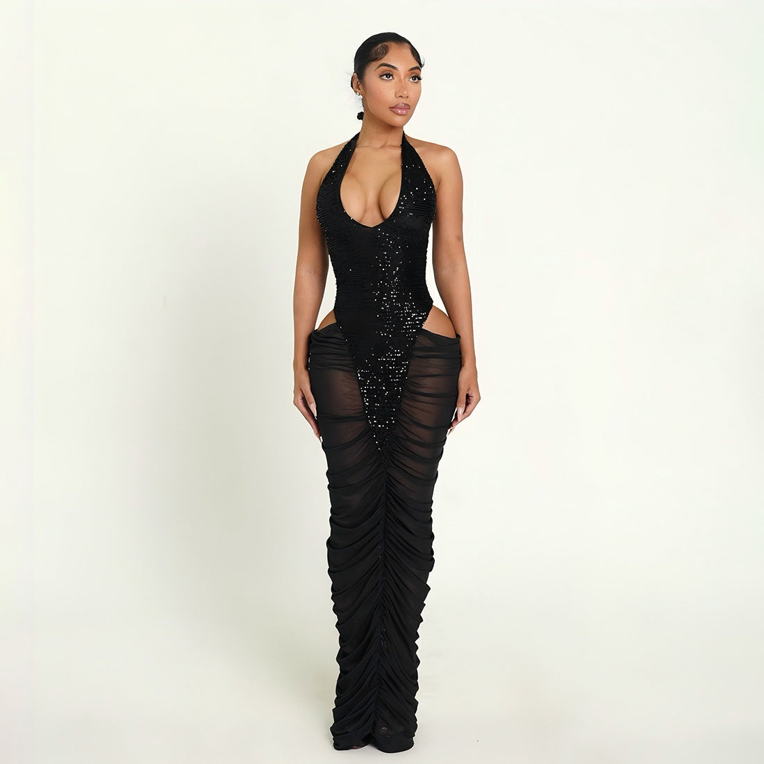Robe automne-hiver pour femme, tendance, à sequins, en maille transparente et volants sur les hanches.
