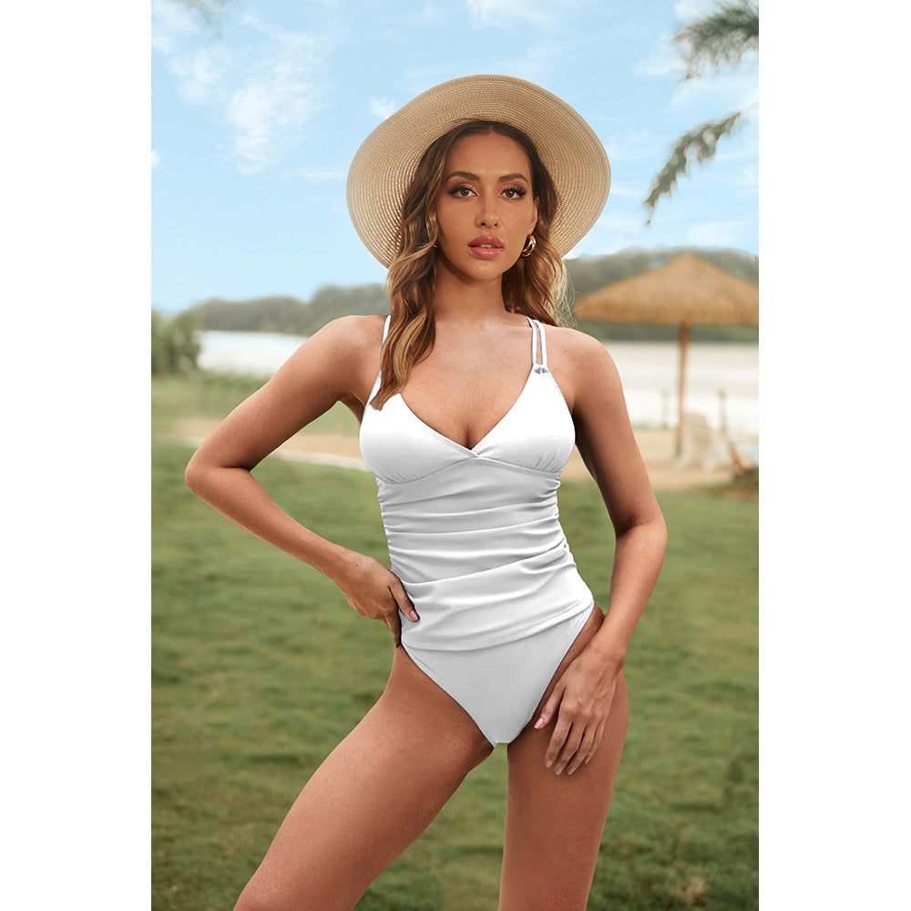 Traje de baño de dos piezas con escote en V y top peplum con tirantes cruzados