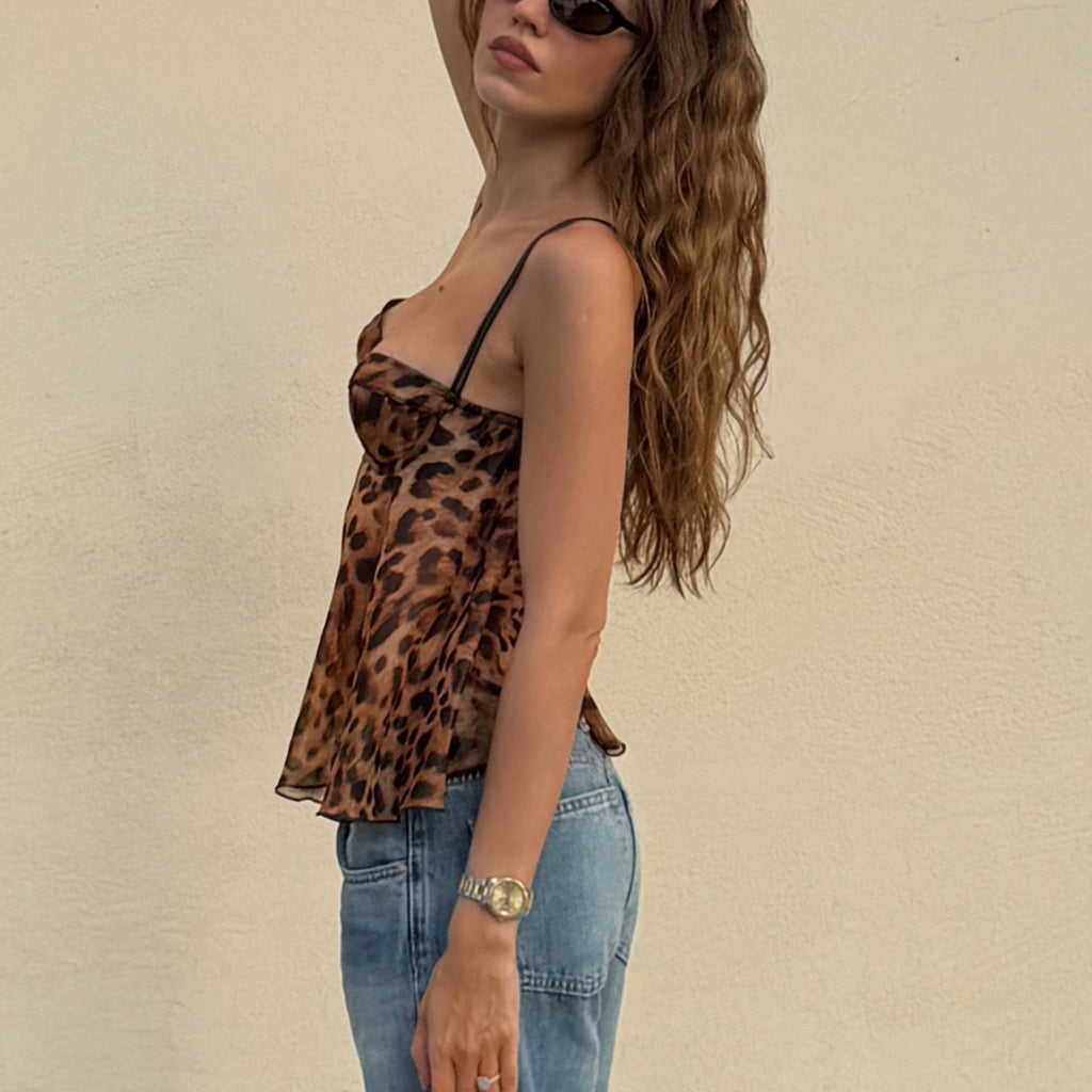 Women Clothing Autumn Sexy Camisole Slim Fit Slimming Leopard Print Short Top Burgatti
