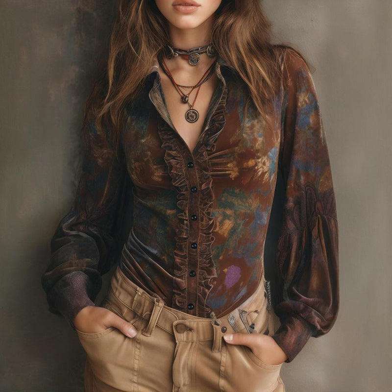 Ropa de otoño para mujer, top retro ajustado de manga larga con estampado