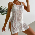 Vacation Women Clothing Short Chic round Neck Plaid Texture Hollow Out Cutout out See through Camisole Sexy Short Dress Crochet hook Tidee