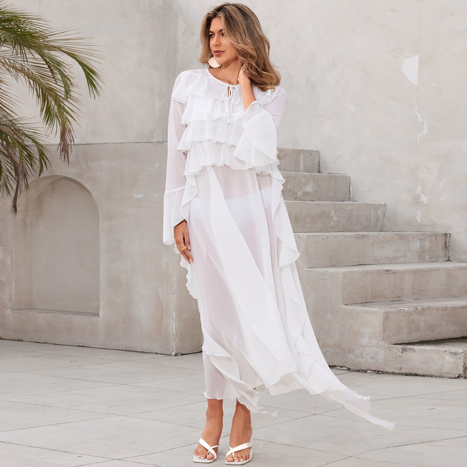 Beach Dress Women Chiffon Stacked Vacation Pullover Bikini Swimsuit Blouse Sun Protective Clothing Mangar