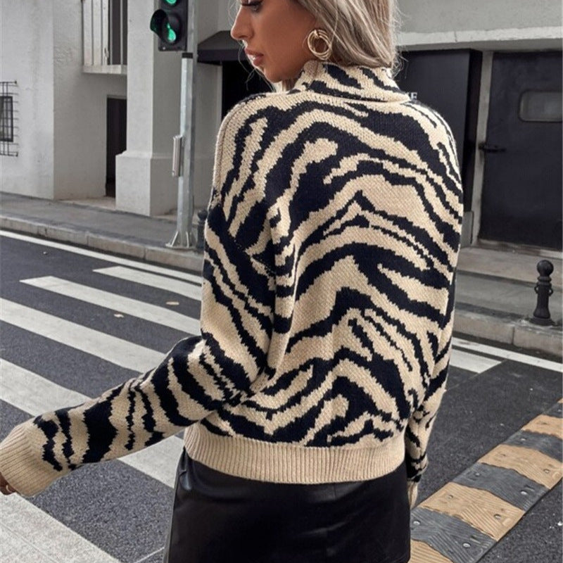 Suéter de punto con estampado de cebra para mujer, esencial para otoño e invierno, holgado