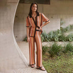 Casual Women Knitted Vintage Stripe Trousers Short Sleeve Beach Two Piece Sets Mangar