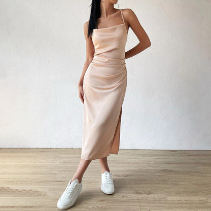 Satin Sling Dress Summer Split Mid Length Satin A line Drress