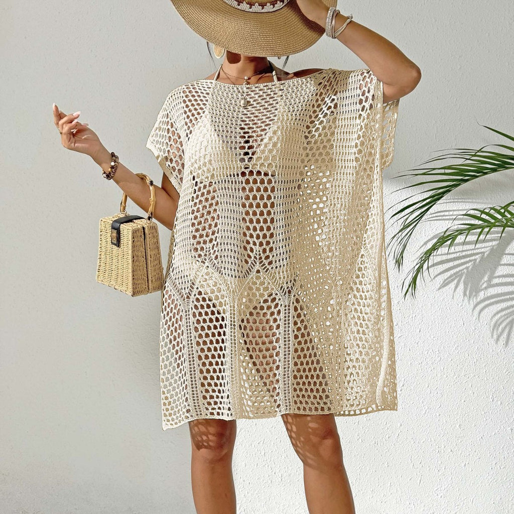 Chemisier de vacances pour femmes, robe de plage sexy tissée ajourée et découpée à épaules dénudées