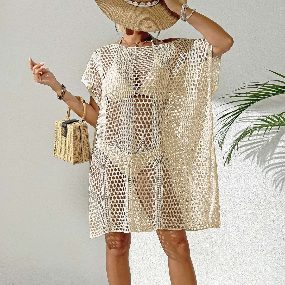 Women Holiday Blouse Women Sexy Woven Hollow Out Cutout out off Shoulder Bikini Overclothes Beach Dress