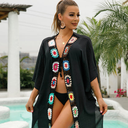 Women One Piece V neck Crocheted Stitching Beach Dress Average Size Half Sleeved Sun Proof Blouse