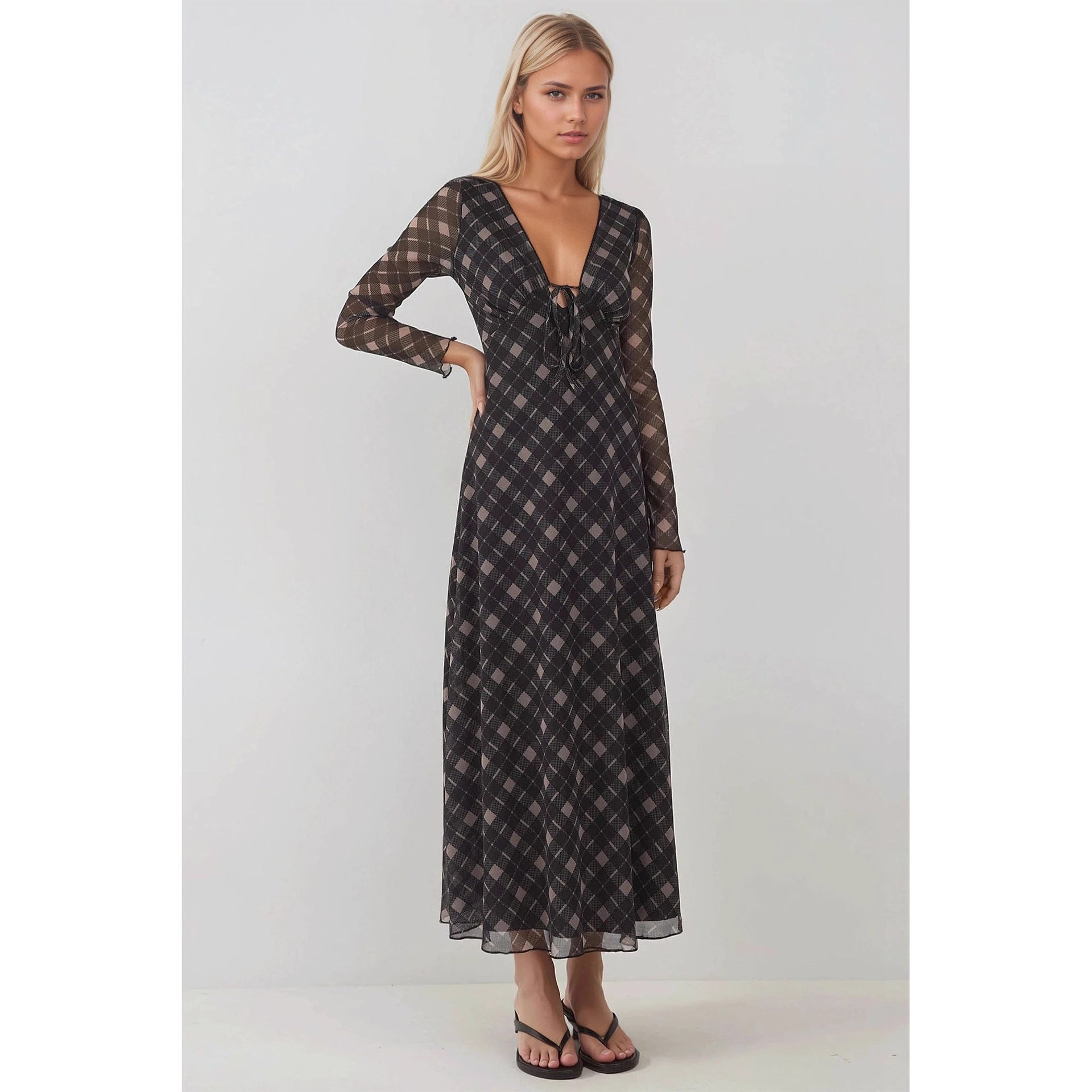 Autumn Retro V neck Lace up Plaid Elegant Graceful Slim Dress Rogan