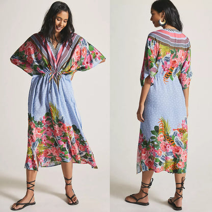 Blusa con estampado de dos cabezas y cinturón ajustable para playa, informal y para vacaciones