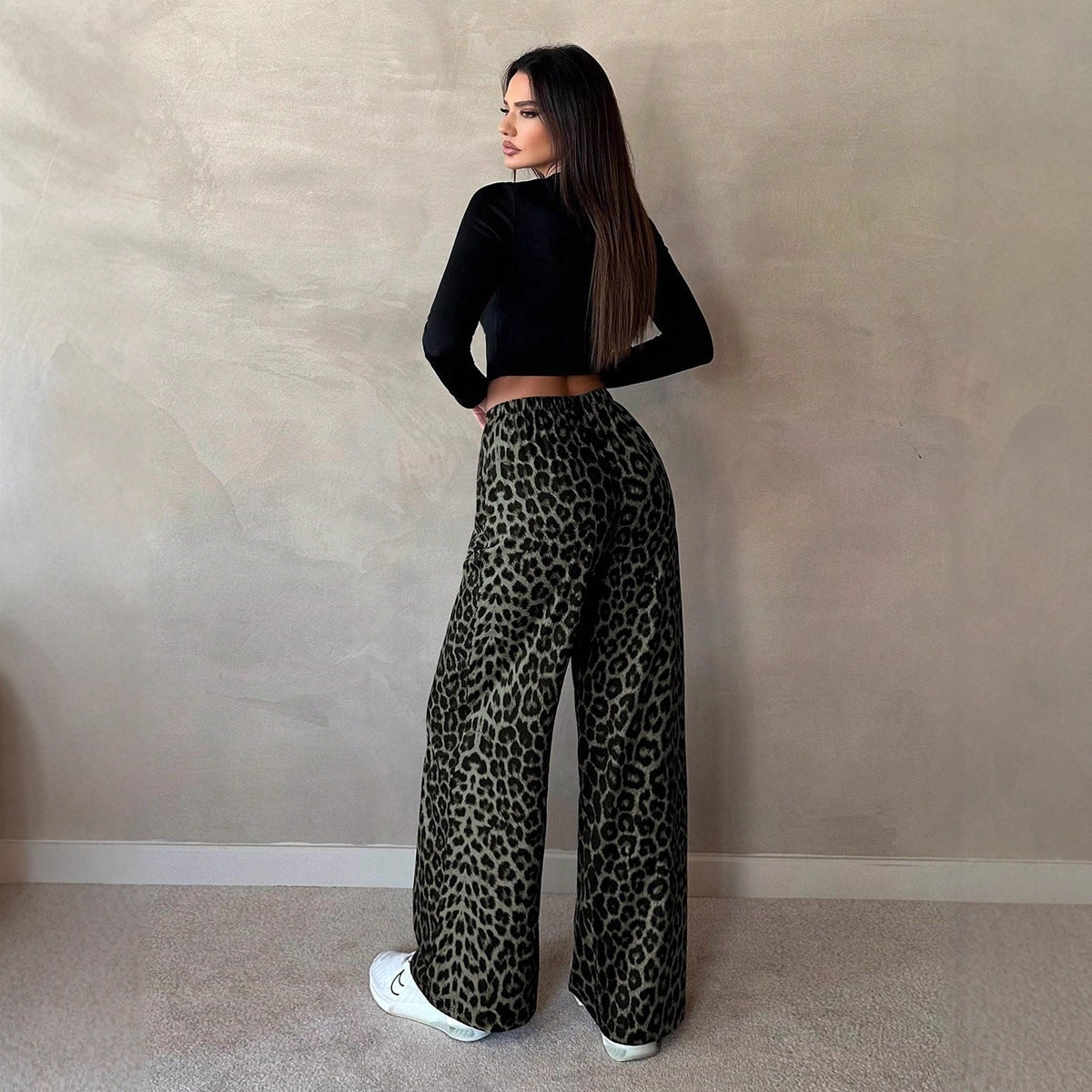 Women Clothing Satin Casual Pants Fall High Waist Leopard Print Loose Straight Satin Wide Leg Pants