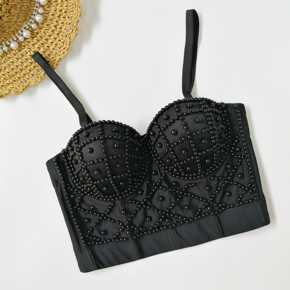 Pearl Suspender Vest Fashionable Women Outer Wear Beauty Back cropped Sexy Short Tube Top Sweet Cool Top with Chest Pad Kanuner