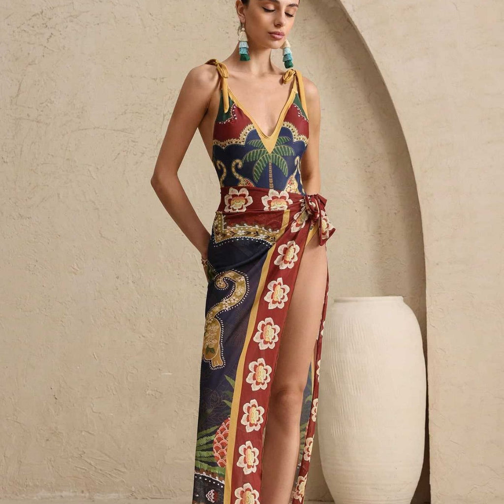 Women Printing Swimsuit Slit Beach Swimsuit Set OLam