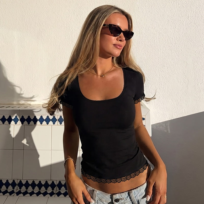 Women Summer Lace Stitching T shirt Slim U Neck Bottoming Top BULLINGER