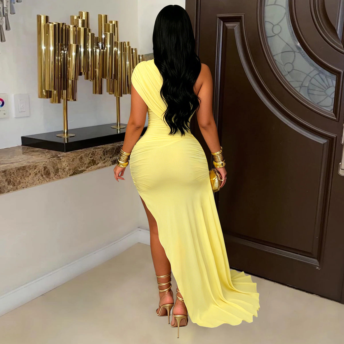 Sexy Women Clothing Mesh Stitching Ruffle Slim Fit Dress MOOYAA