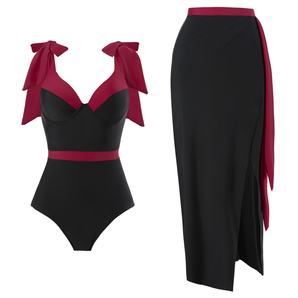 Solid Color One Piece Women Swimwear Suit European, French Spring Cover Belly Slimming Swimsuit