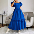 Women Clothing Ruffled A line Dress off Neck Flying Sleeves Solid Color Long Dress DREAMCHIN